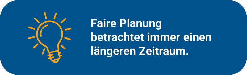 Glühbirne mit Spruch: Faire Planung betrachtet immer einen längeren Zeitraum.