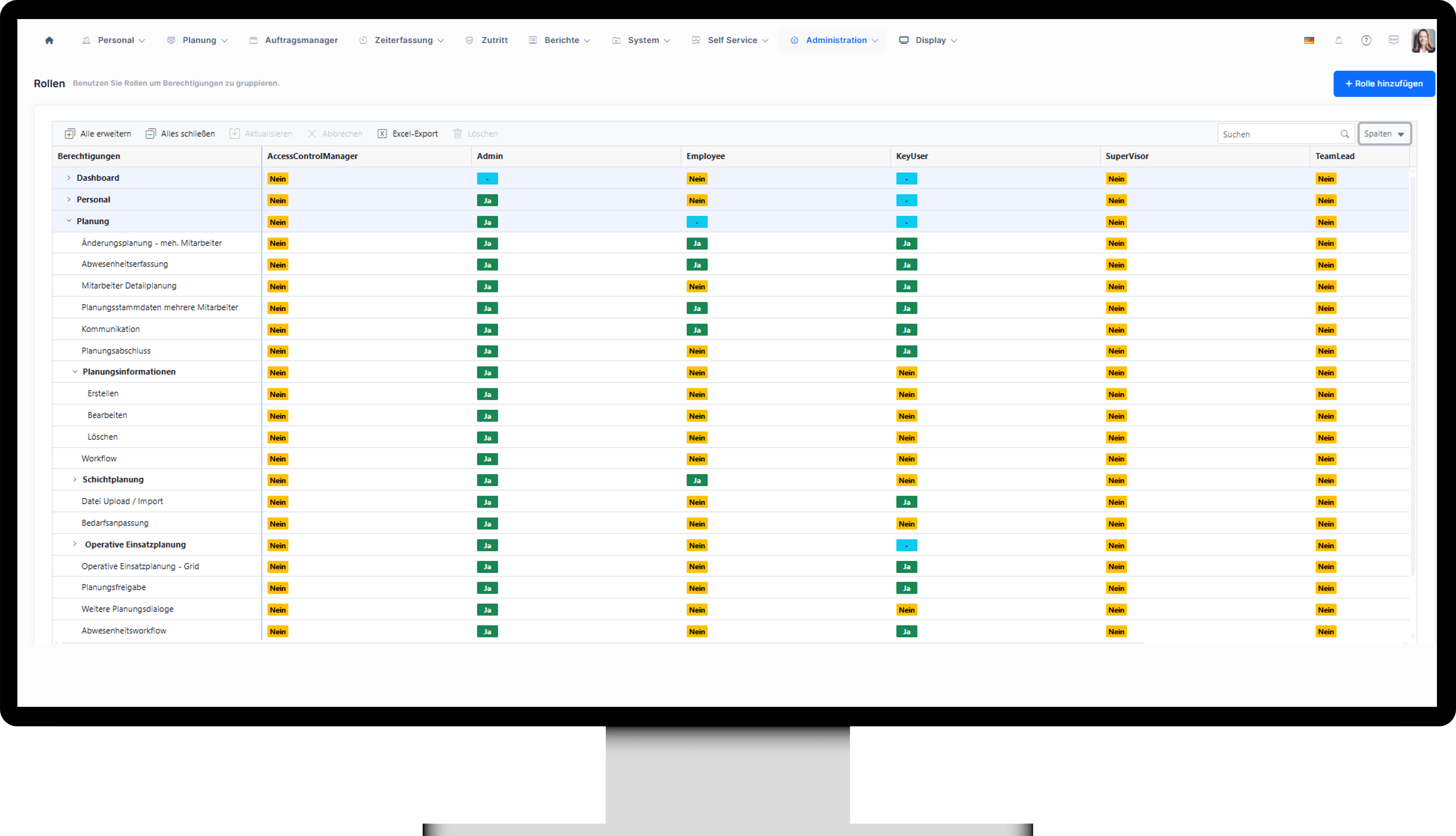 Screenshot Rollenberechtigungen in WFM One